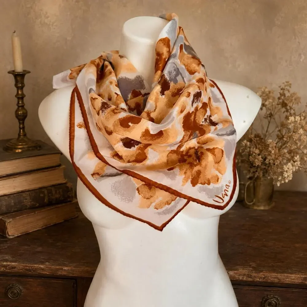 Vintage Vera Neumann Silk Scarf 1980s Floral Garden Sienna Gray 26x26